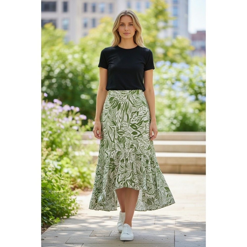Lola‎ High Low Midi Skirt Boho Green Floral Beach Cruise Large